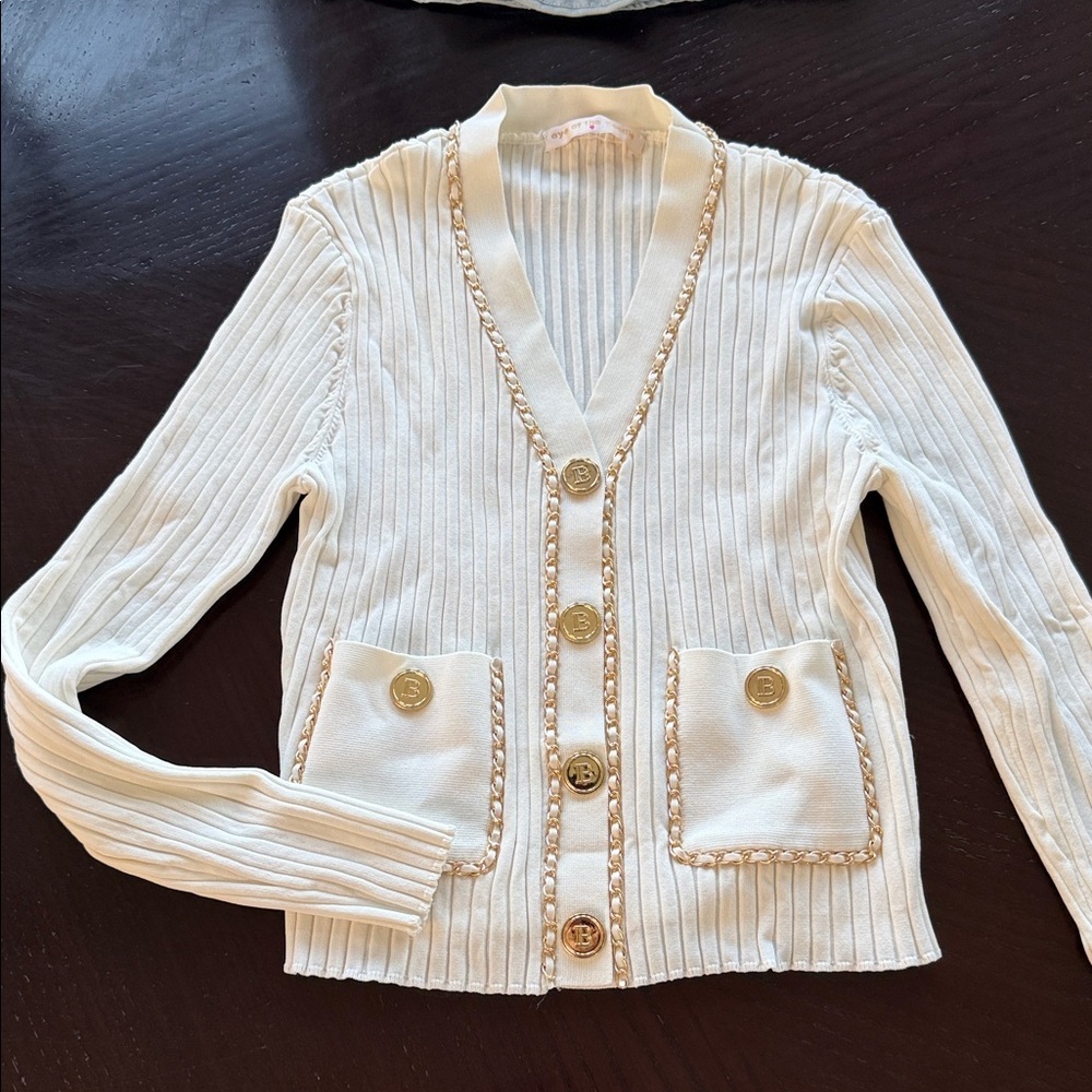 Chic Cream B initial Cardigan with Gold Accents